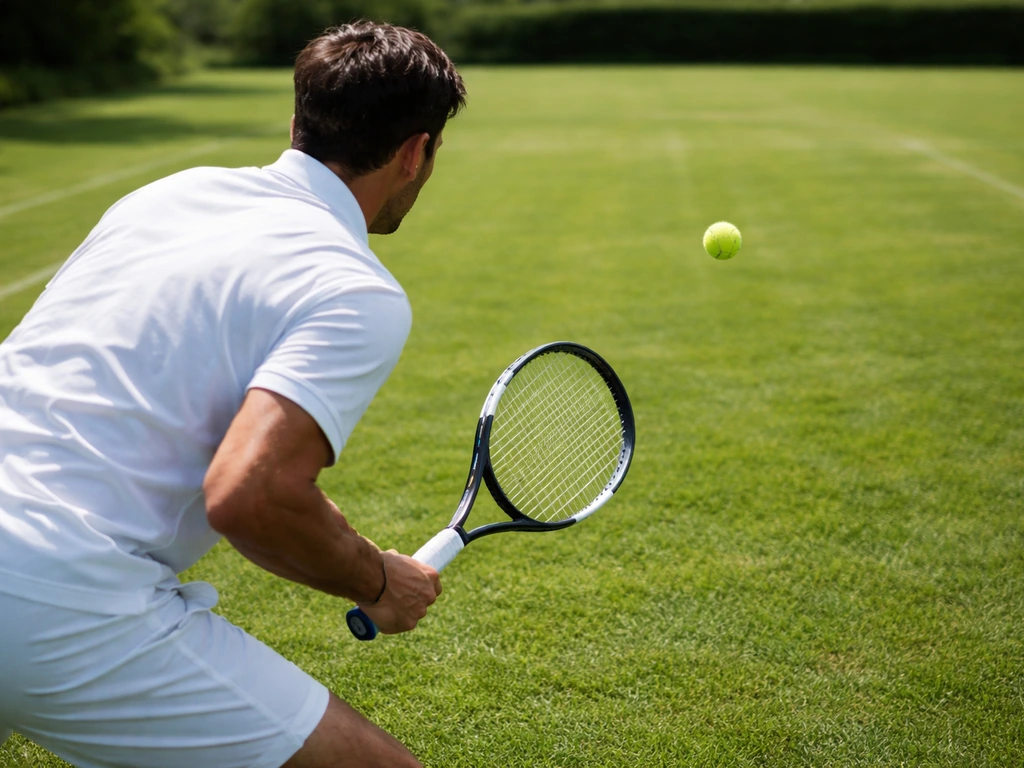 Tennis sur gazon : échange au premier plan, balle en jeu, herbe verte de Wimbledon et joueur anonyme en action.
