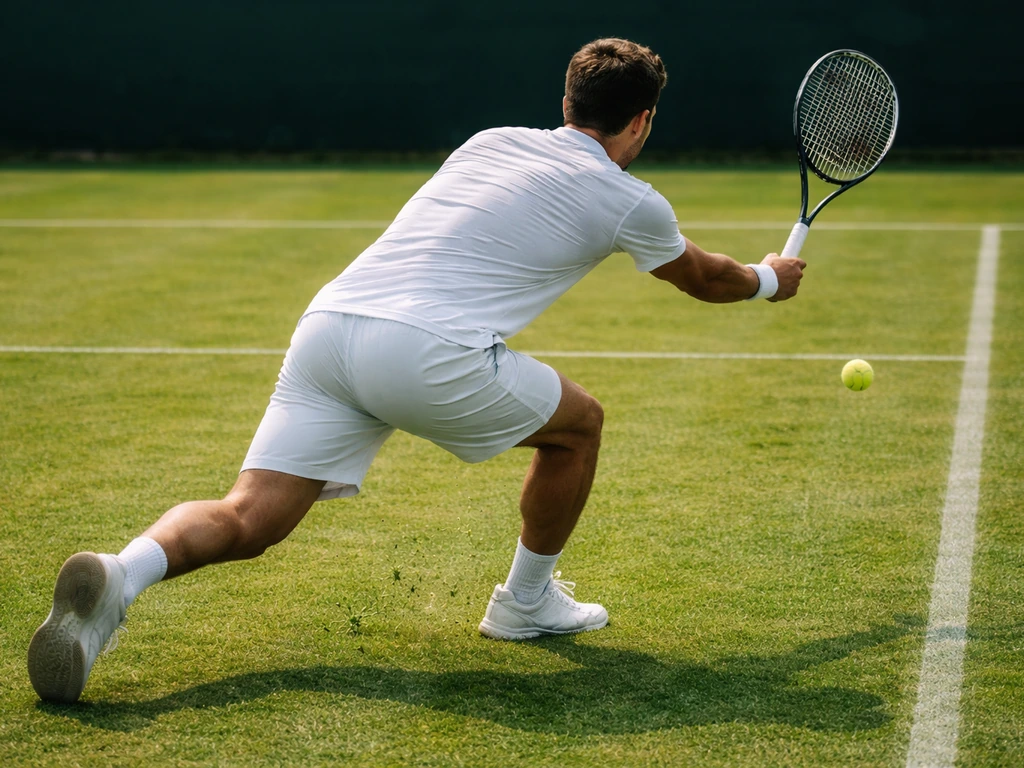 Tennis sur gazon : joueur en approche du filet, effet du gazon visible sur la trajectoire