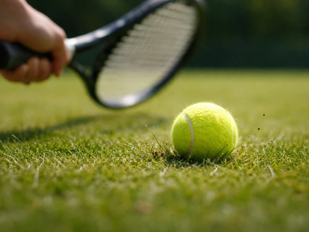 Gros plan sur une balle de tennis qui touche l’herbe et rebondit très bas juste avant l’impact.