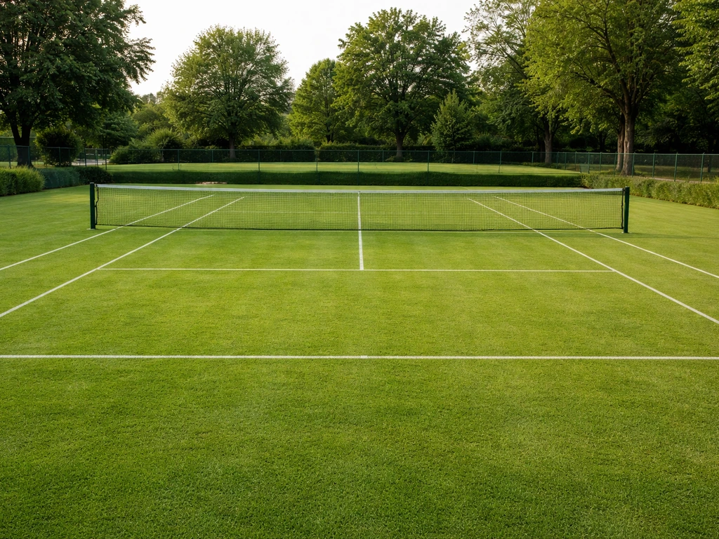 Terrain de tennis en gazon naturel en France, pelouse tondue très court, clôture et lignes discrètes, vue d’ensemble.
