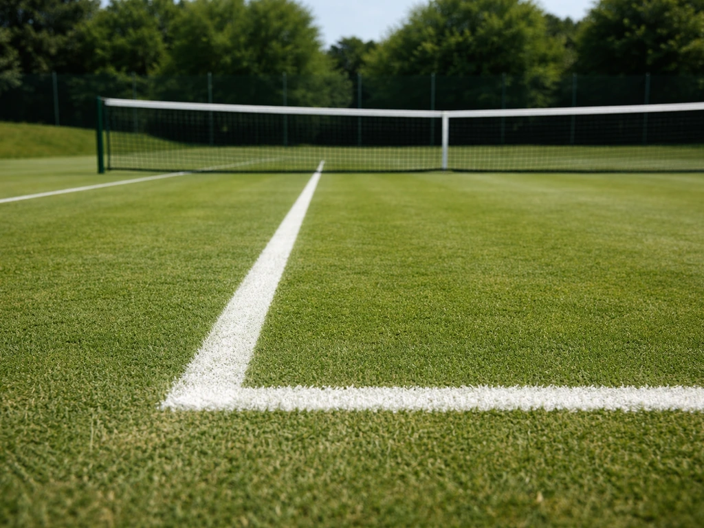 Court de tennis en gazon naturel, pelouse tondue très court et filet, vue au niveau du terrain.