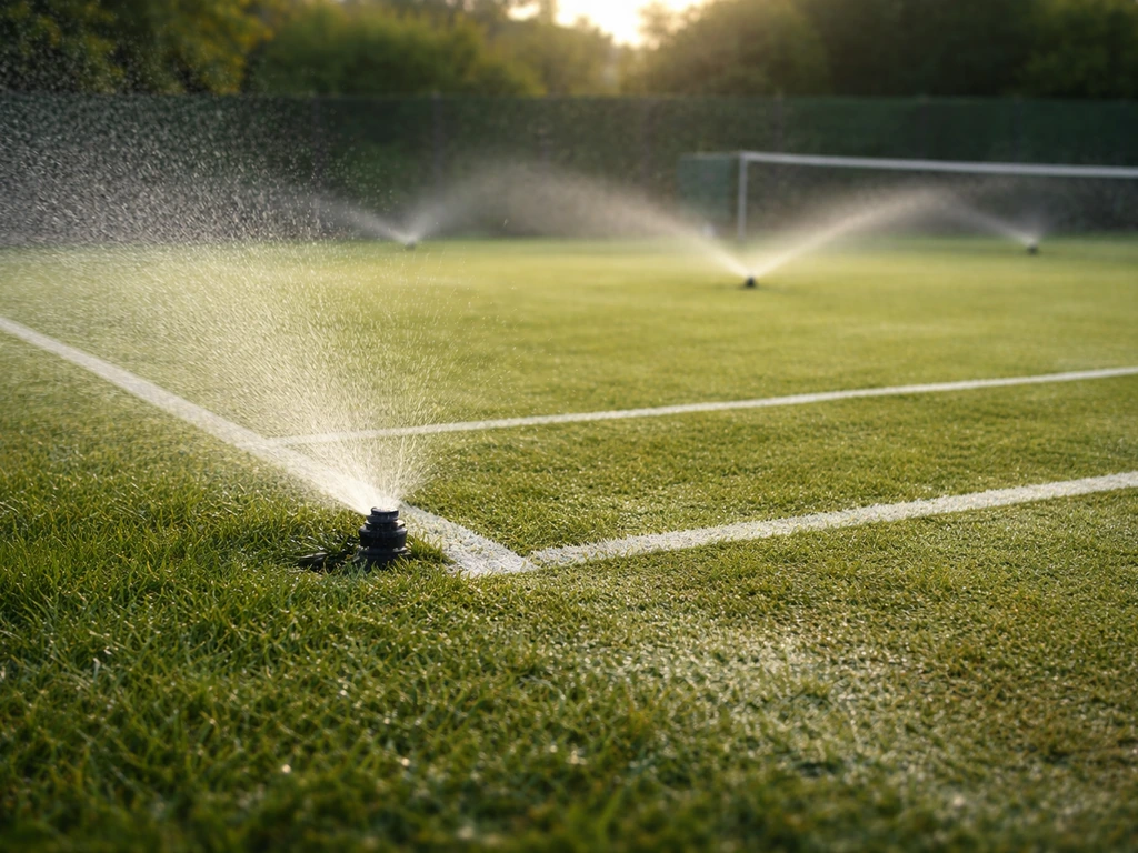 Arroseurs automatiques arrosant un court de tennis en gazon, programmation d’irrigation le matin.