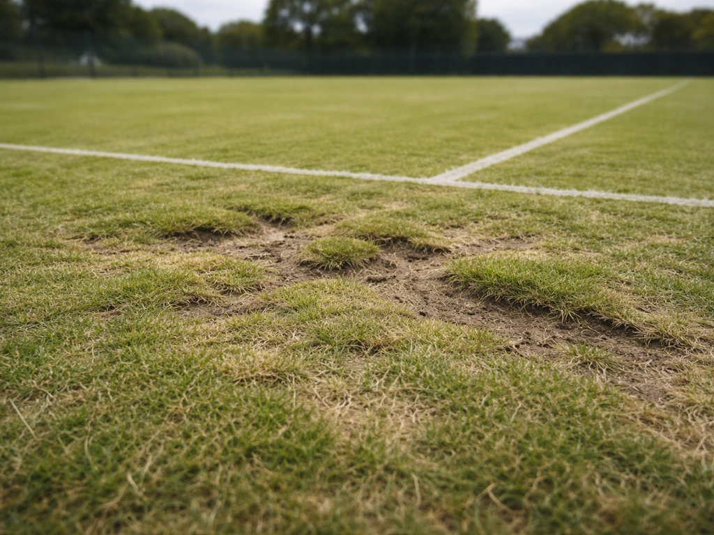 Gazon de court de tennis en gazon avec zones creuses et petites zones jaunies, terrain abîmé près de la ligne