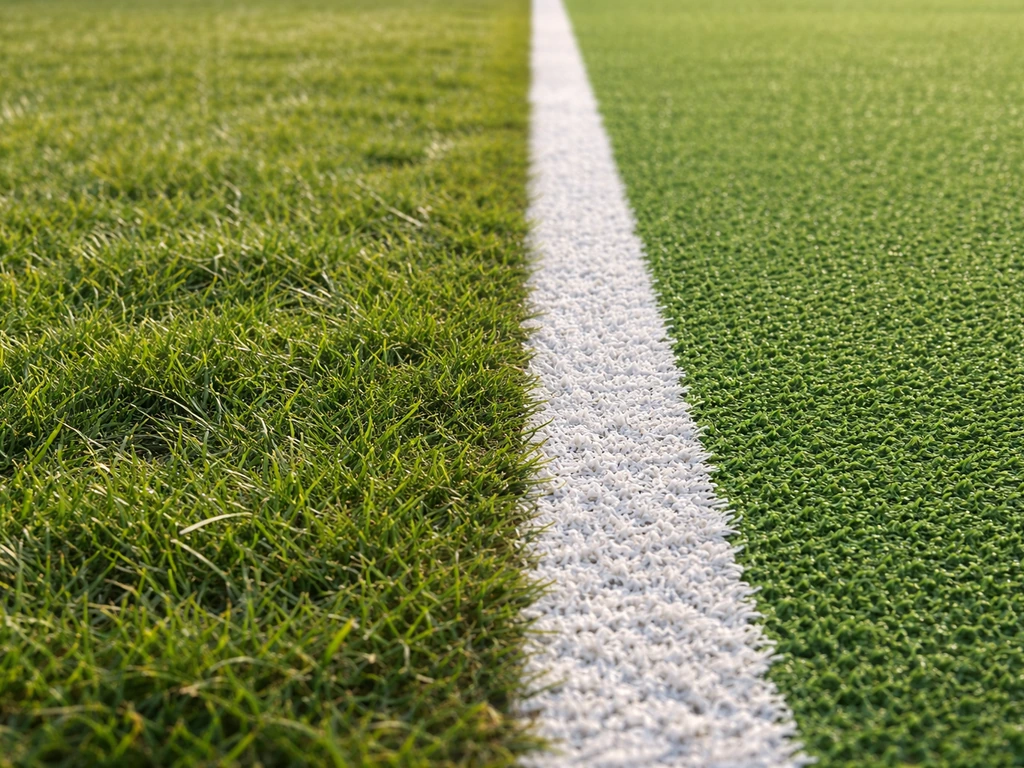 Comparaison en gros plan : brins de gazon naturel vs surface synthétique annoncée, sur un court de tennis.