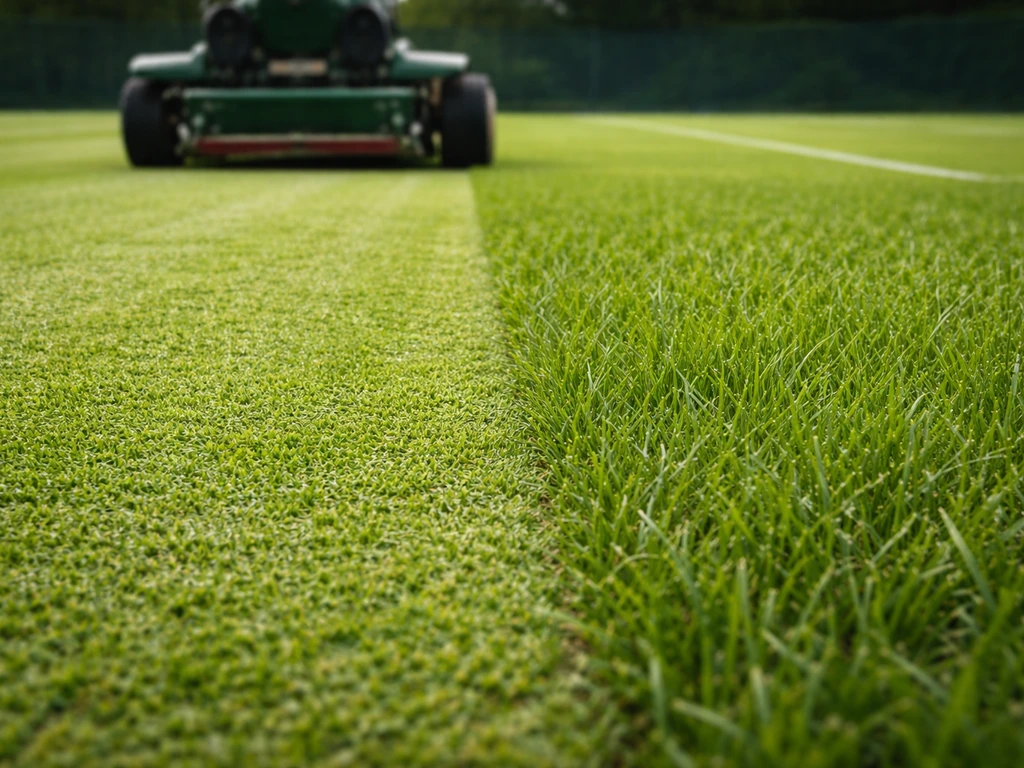 Gazon naturel tondu à coupe courte, machine de tonte réglée et herbe fraîchement nettoyée