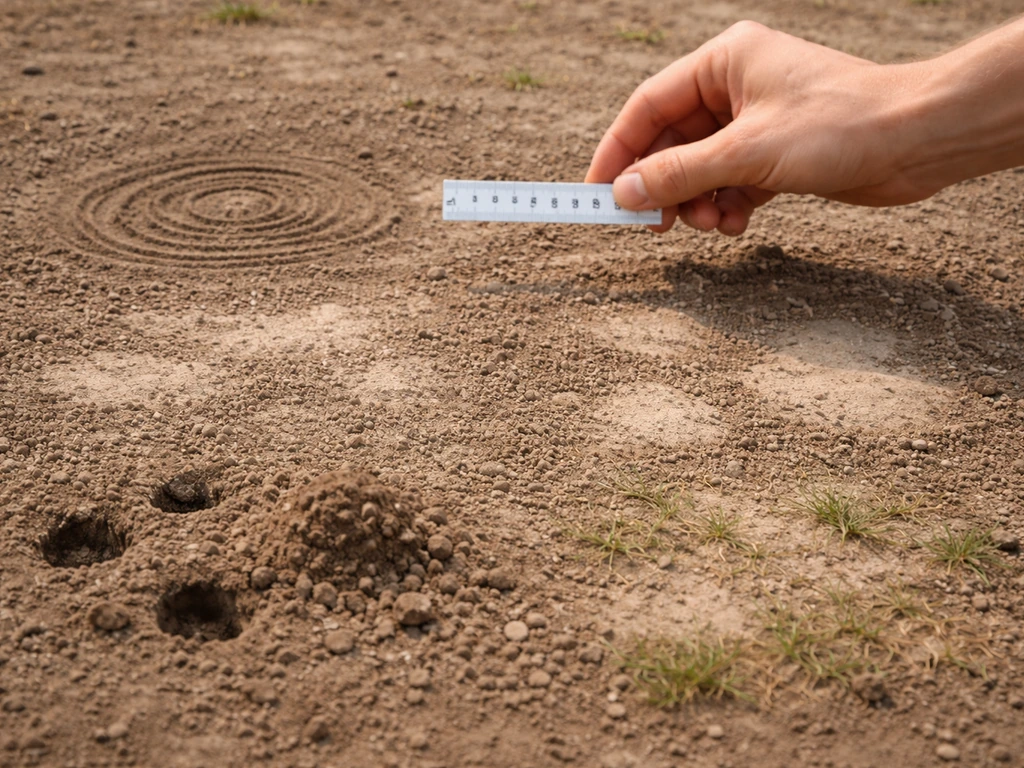 Main tenant une règle au-dessus de quatre zones de dégâts dans la terre : anneaux, taches diffuses, trous, plaques.