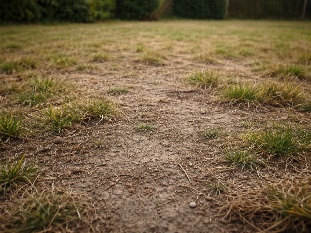 Gazon avec feutre dense et sol compacté, herbe clairsemée, racines à peine visibles après déchaumage léger.