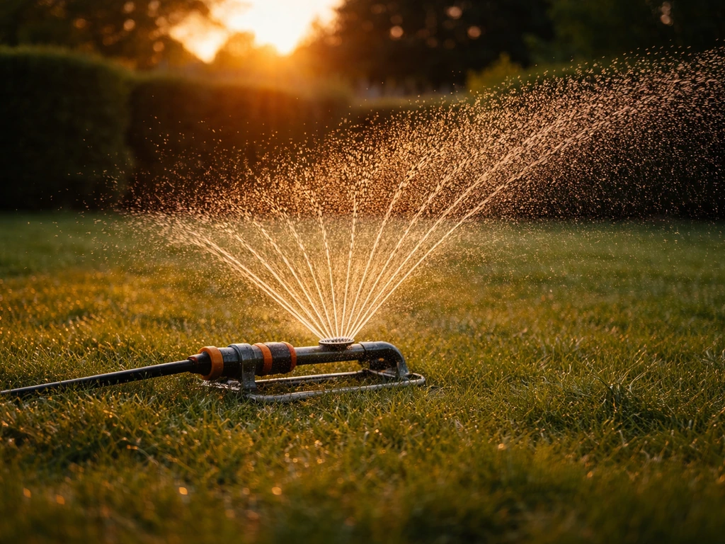 Arroseur en action sur une pelouse humide au crépuscule, intervention de jardinage sans personne visible.