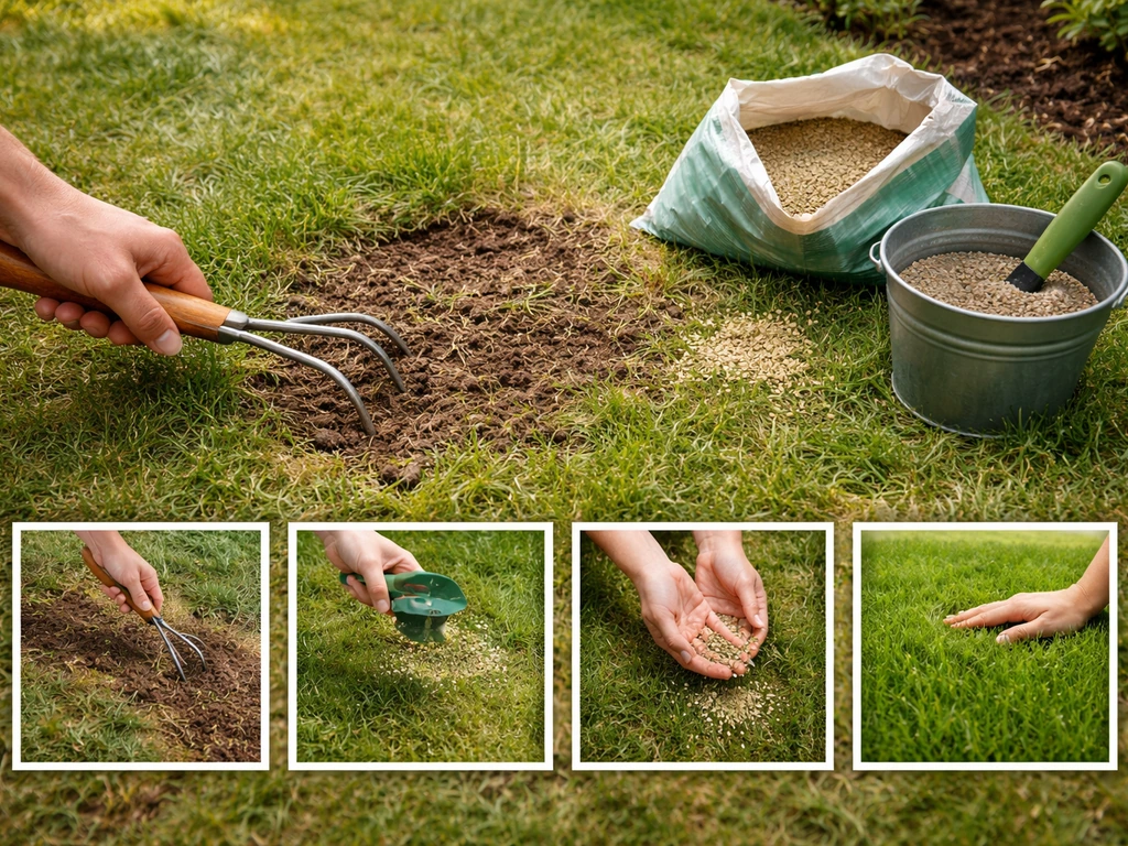 Gazon en cours de rénovation : outils de jardin et étapes de planification en 4 vignettes discrètes