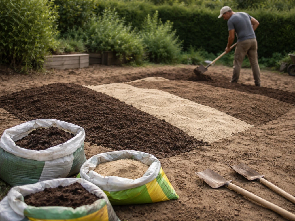 Sacs d’amendements et matériaux pour améliorer le sol, appliqués en zones distinctes sur un chantier