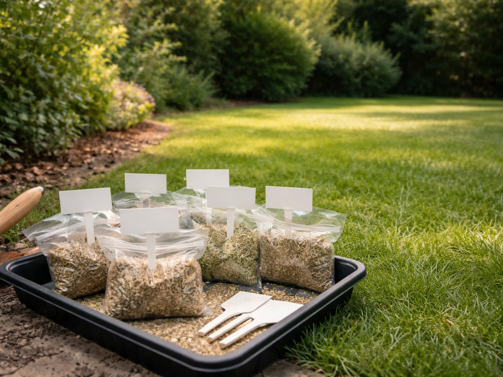 Plateau de graines de gazon et sachets près d’une pelouse, avec zone ensoleillée et zone ombragée dans le jardin.