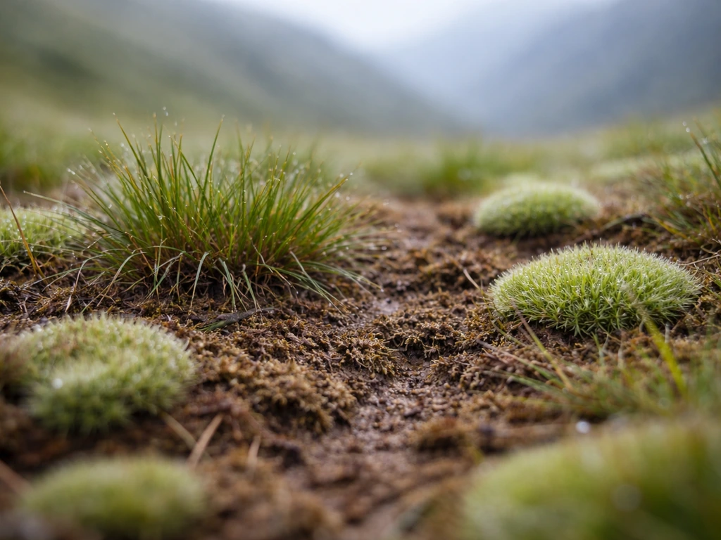 Macro d’un gazon de montagne : feutre brun, mousses vertes et zones irrégulières entre touffes d’herbe.