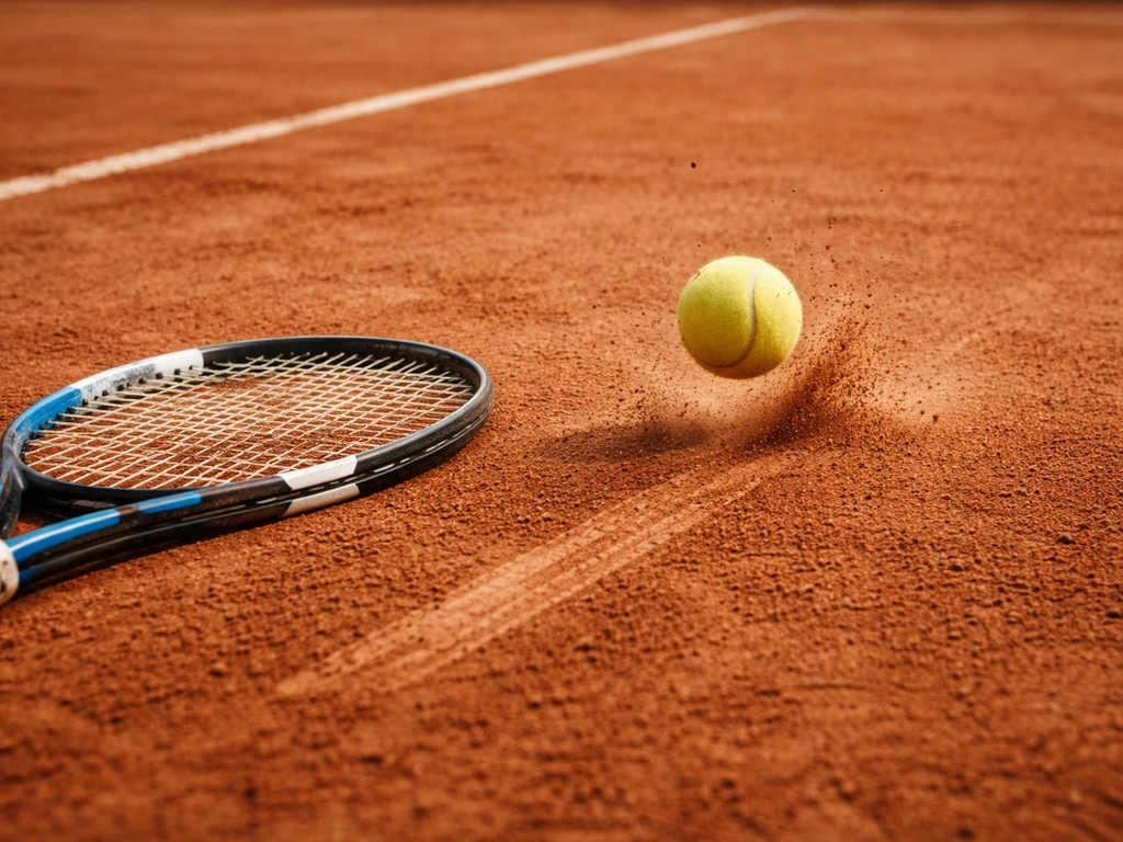Balle de tennis frappée juste après le contact sur terre battue, trajectoire plongeante et rebond visibles.