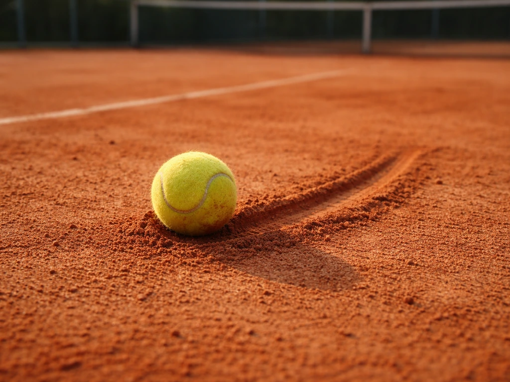 Balle de tennis sur terre battue avec traces de rebond, filet flou au fond, ambiance d’analyse.