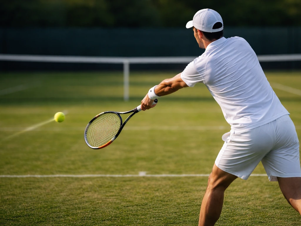 Court de tennis sur gazon : geste de service et balle qui effleure l’herbe au premier plan.