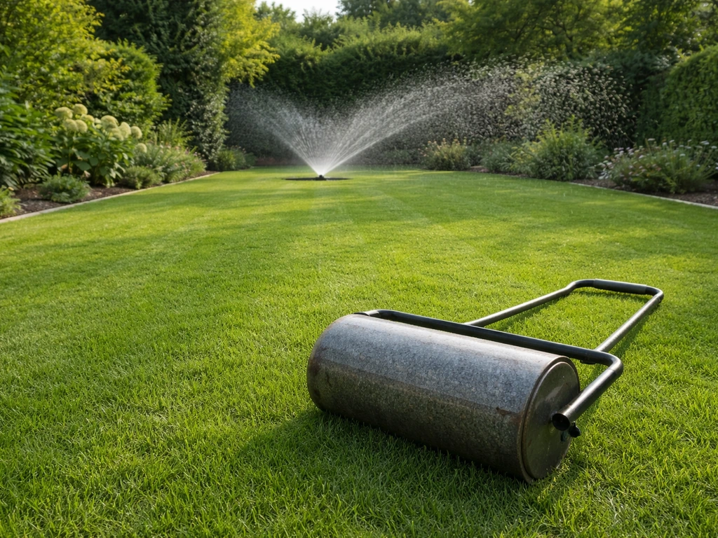 Jardin avec gazon fraîchement tondu, arrosage en pluie fine et rouleau au sol pour préparer un terrain de sport.