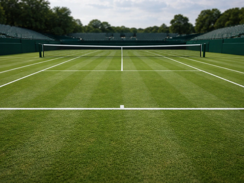 Vue photoréaliste d’un court de tennis en gazon naturel rappelant Wimbledon, ambiance historique et minimaliste.