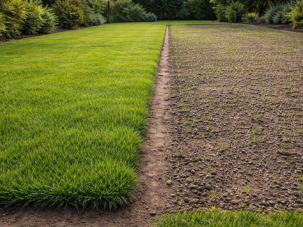 Deux zones de pelouse : gazon en rouleau fraîchement posé à côté de graines récemment semées, même jardin.