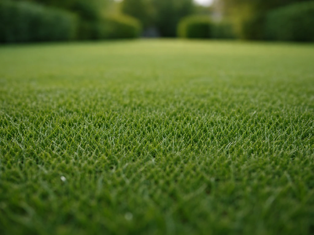 Pelouse d’un jardin, brins fins et ras, vert dense, avec un close-up net sur la texture