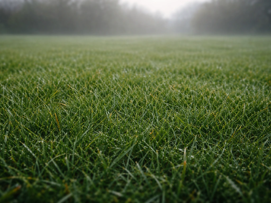 Pelouse française en début d’hiver, herbe propre et hauteur de coupe régulière sous une lumière froide