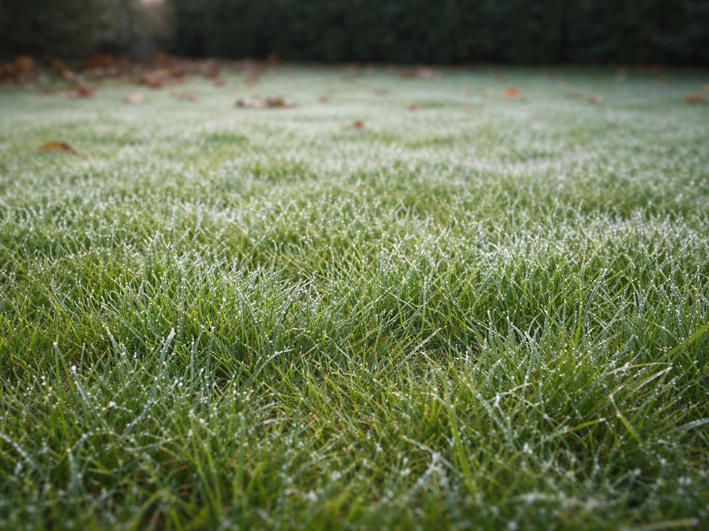 Gazon vert avec premières traces de gel, herbe encore debout au début de l’hiver, prise de vue réaliste.