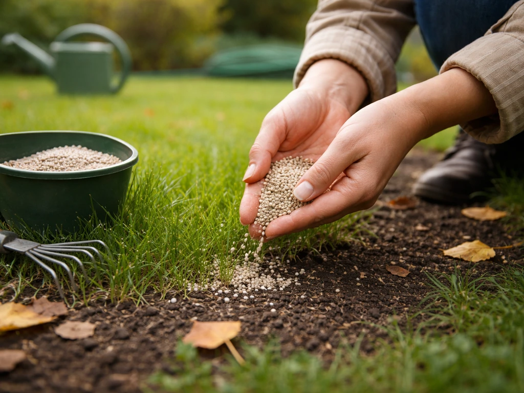 Mains appliquant un engrais d’automne au pied de la pelouse, arrosoir et matériel de jardinage visibles