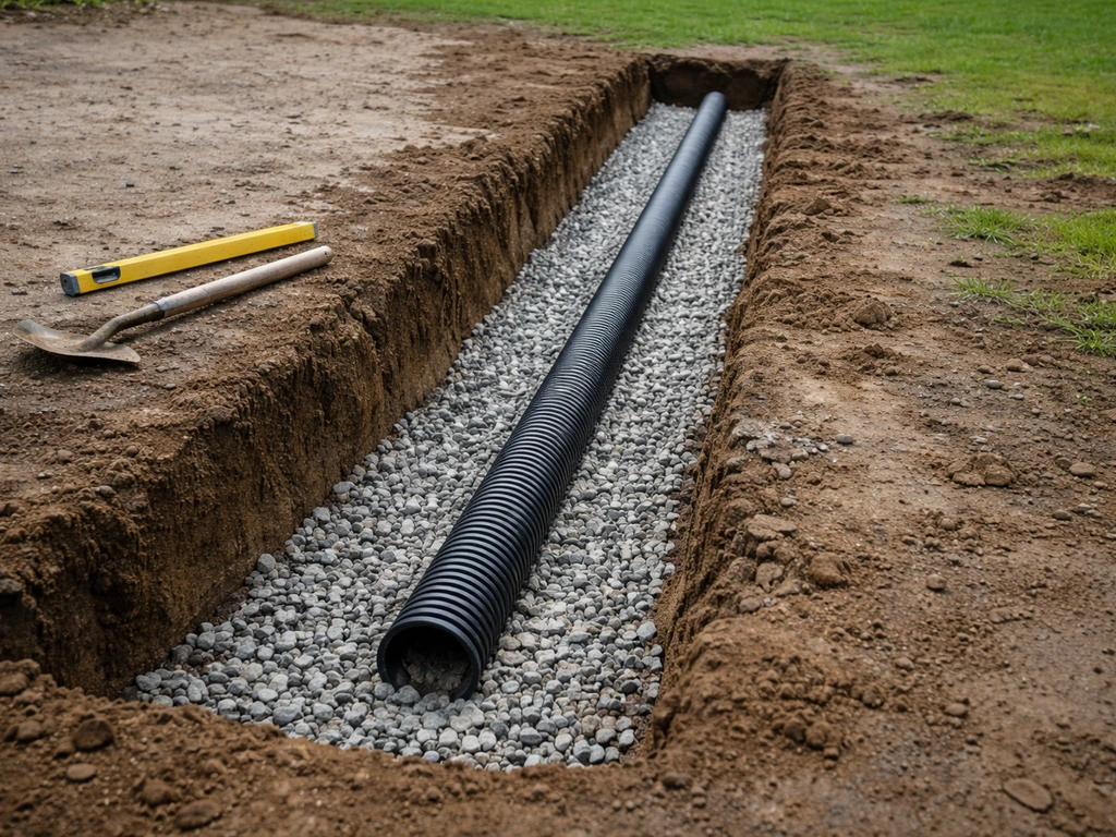 Tranchée de drainage avec tuyau perforé et gravier, vue sur le réglage de pente avant pose d’un revêtement.