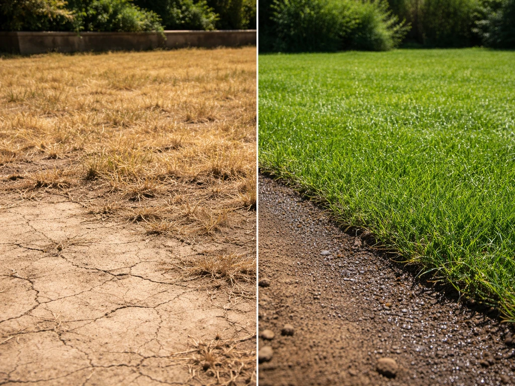 Pelouse et terre battue asséchées en plein soleil, avec une zone plus fraîche et bien hydratée en arrière-plan.