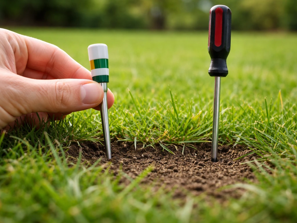 Tournevis enfoncé dans la pelouse et petit kit de test de pH au-dessus du sol, pour vérifier compaction et pH.