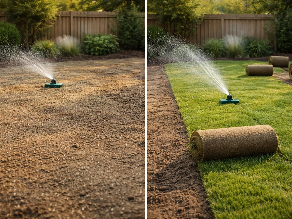 Comparaison photo : semences de pelouse au sol et rouleau de gazon se déroulant, arrosage immédiat.