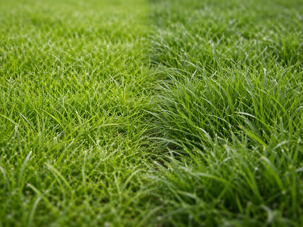 Gros plan sur un gazon sportif dense, feuilles fines de ray-grass et touffes robustes de fétuque élevée.