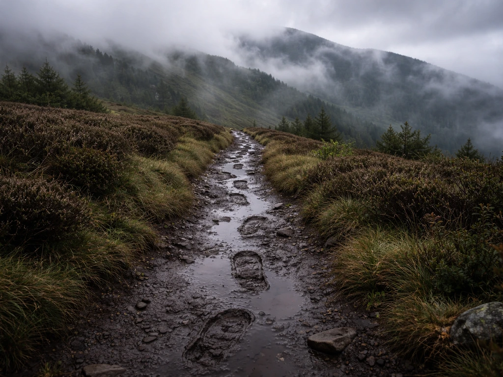 Sentier de montagne humide au sommet, nuages accrochés aux reliefs dans une ambiance vosgienne venteuse.