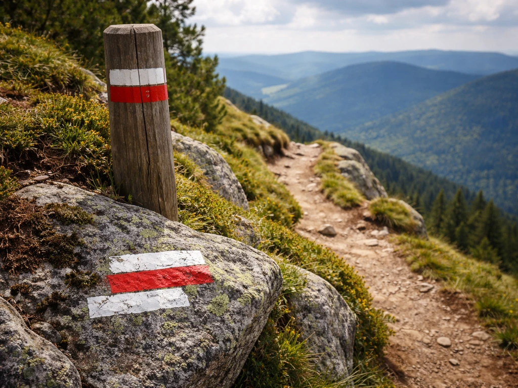 Détail du balisage rouge et blanc du GR5 sur un sentier de crête, vue dégagée au bord.