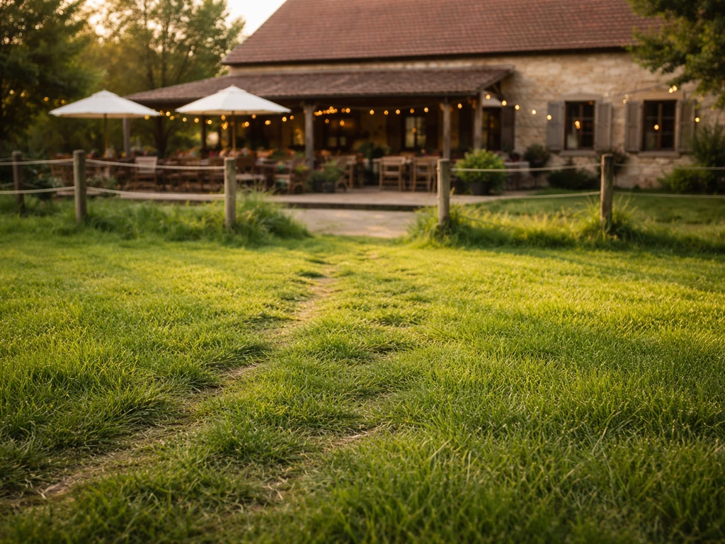 Pelouse dense et très verte devant la terrasse d’une ferme-auberge française, avec un léger piétinement discret.