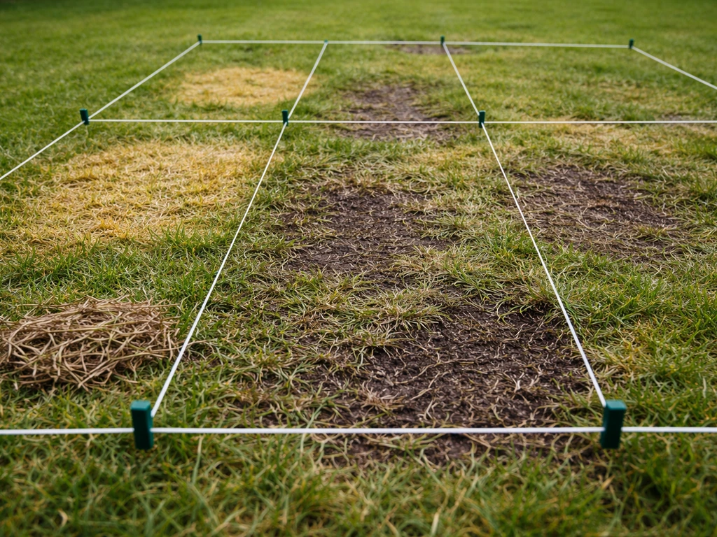 Pelouse de jardin au ras du sol avec repères au sol et zones jaunies, brunes, clairsemées et feutrées visibles.