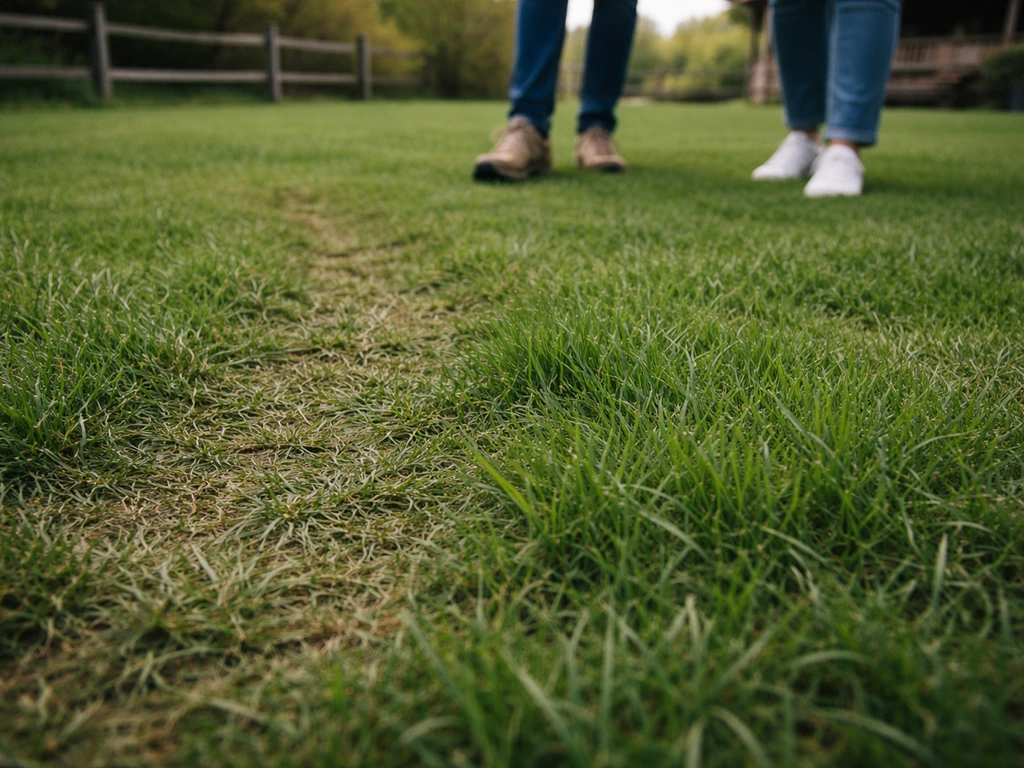 Pelouse de ferme-auberge foulée par des chaussures, brins d’herbe denses encore verts après le passage.