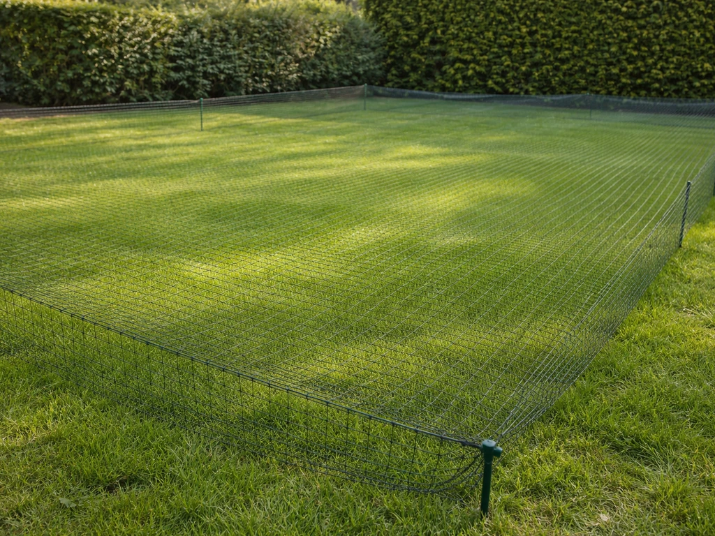 Pelouse de jardin avec un filet anti-animaux tendu au-dessus, vue nette sur la maille et la couverture.