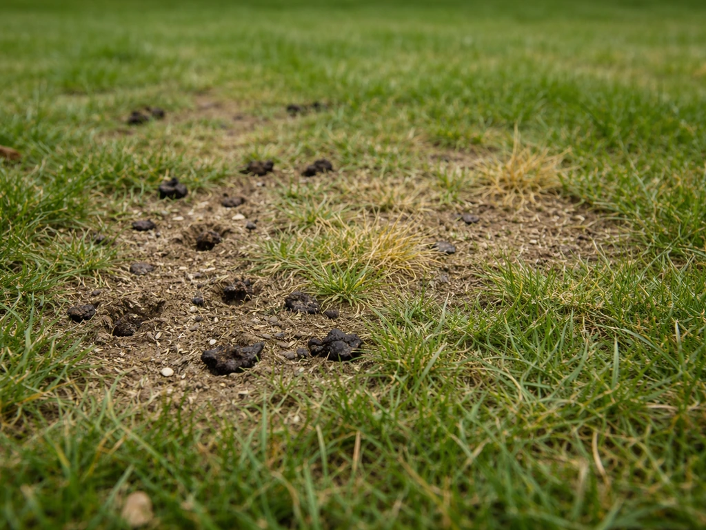 Gros plan sur une pelouse abîmée : trous de picage, zones clairsemées et traces au sol pour diagnostiquer les dégâts.
