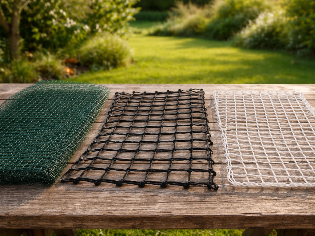 Plusieurs filets de protection sur une table au jardin, mailles et matériaux clairement différents.