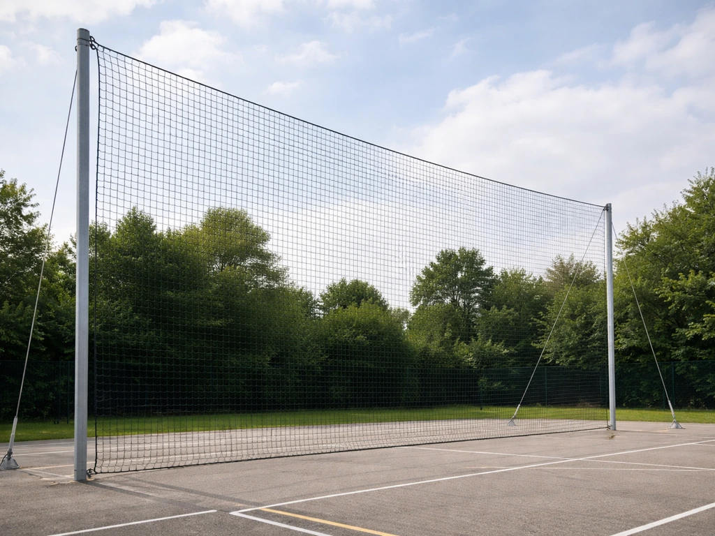 Filet pare-ballon sur un terrain de sport, supports et câbles visibles au-dessus de la zone de jeu