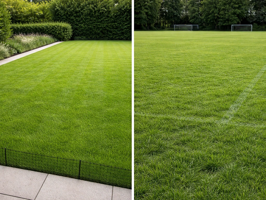 Deux scènes : pelouse d’ornement soignée près d’une terrasse, puis terrain de sport vert plus dense avec lignes discrète