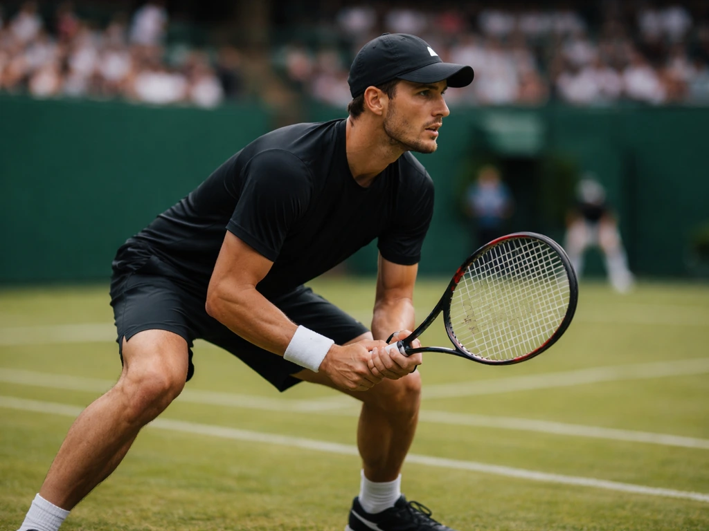 Joueur de tennis sur un court en gazon, raquette levée, arrière-plan de stade flou.
