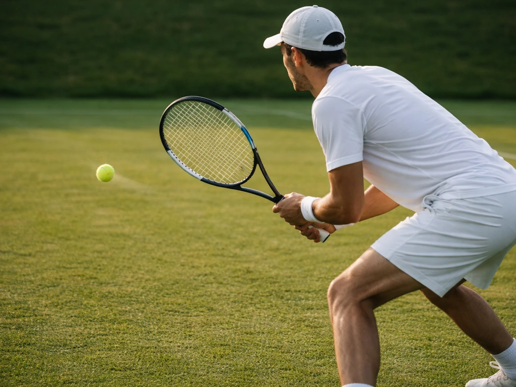 Joueur de tennis anonyme au retour sur gazon, posture stable et relance contrôlée, lumière naturelle.