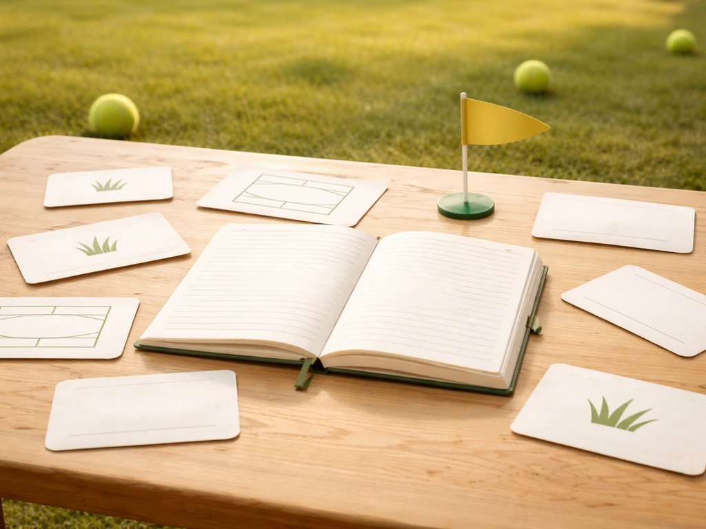 Tableau de notes minimal sur une table, avec fiches et pictogrammes de gazon pour illustrer Wimbledon 2023.