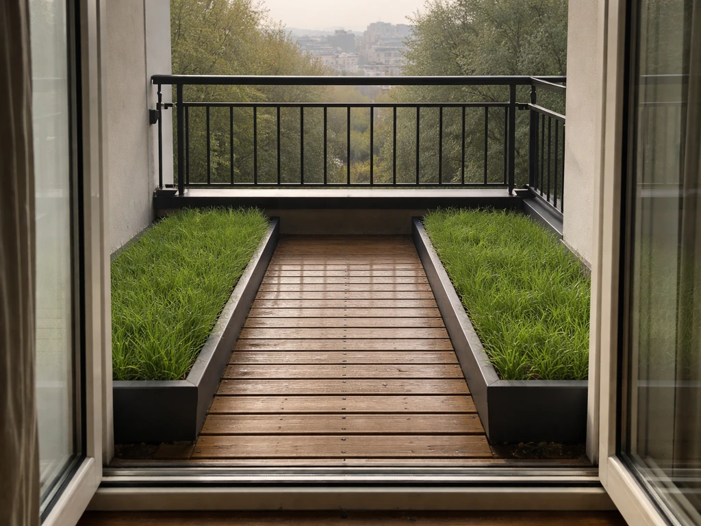 Balcon avec caillebotis en bois et bacs intégrant un gazon vert, avec passage net entre les dalles.