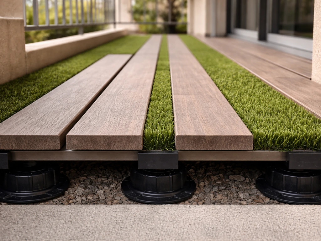 Caillebotis sur plots avec gazon synthétique intégré sur un balcon, montrant une association compatible sans piétiner la
