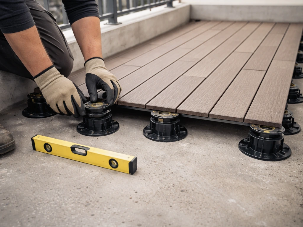 Mains d’un ouvrier ajustant des plots et mettant à niveau des caillebotis sur un balcon en béton.