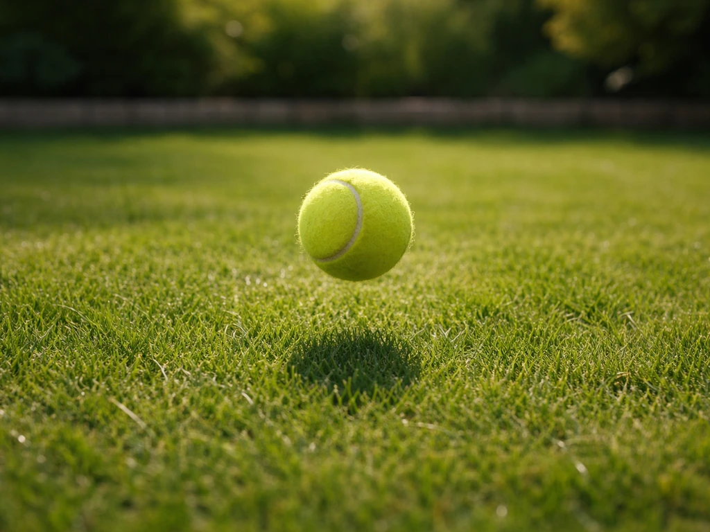 Une balle de tennis qui vient de rebondir sur un gazon, test de vitesse à la maison