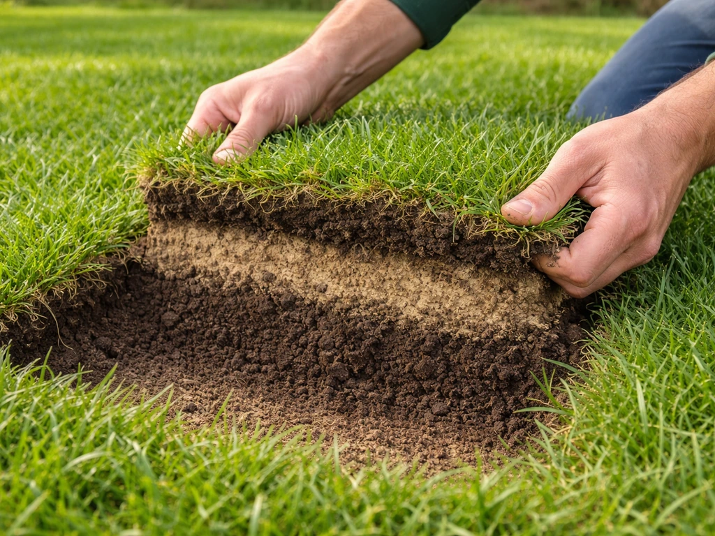 Pelouse ouverte montrant une coupe de sol humide et plus sèche, illustrant le drainage.