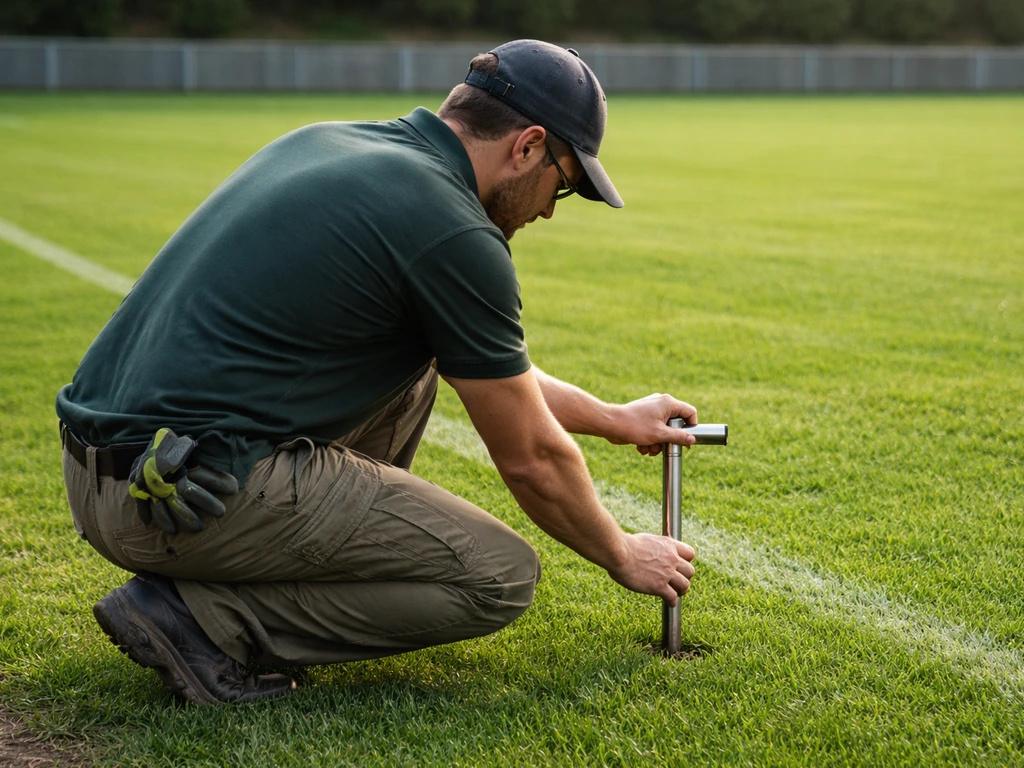 Professionnel à genoux inspectant une pelouse avec un outil d’aération/sonde pour diagnostiquer le sol.